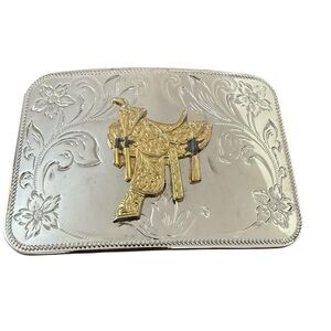 Vintage Western Saddle Filigree Belt Buckle Silver Gold Tone Cowgirl Boho Rustic